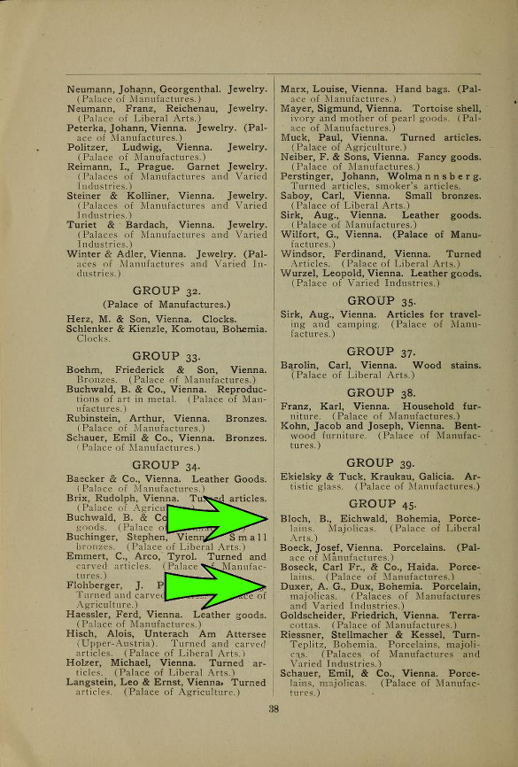 Strana č. 38 z Knihy vystavovatelů, ze které je v oddíle „Group 45“ patrná účast duchcovské i dubské porcelánky na Světové výstavě 1904